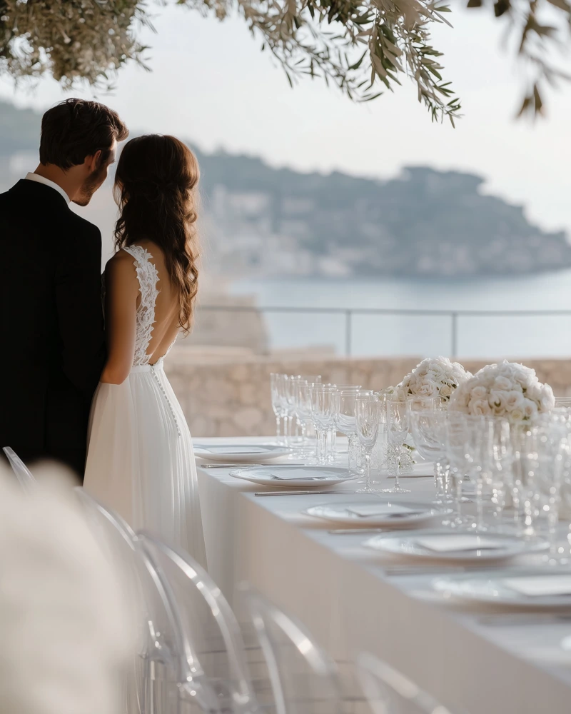 Elegant couple overlooking the sea during a beautifully styled wedding reception in Cyprus.