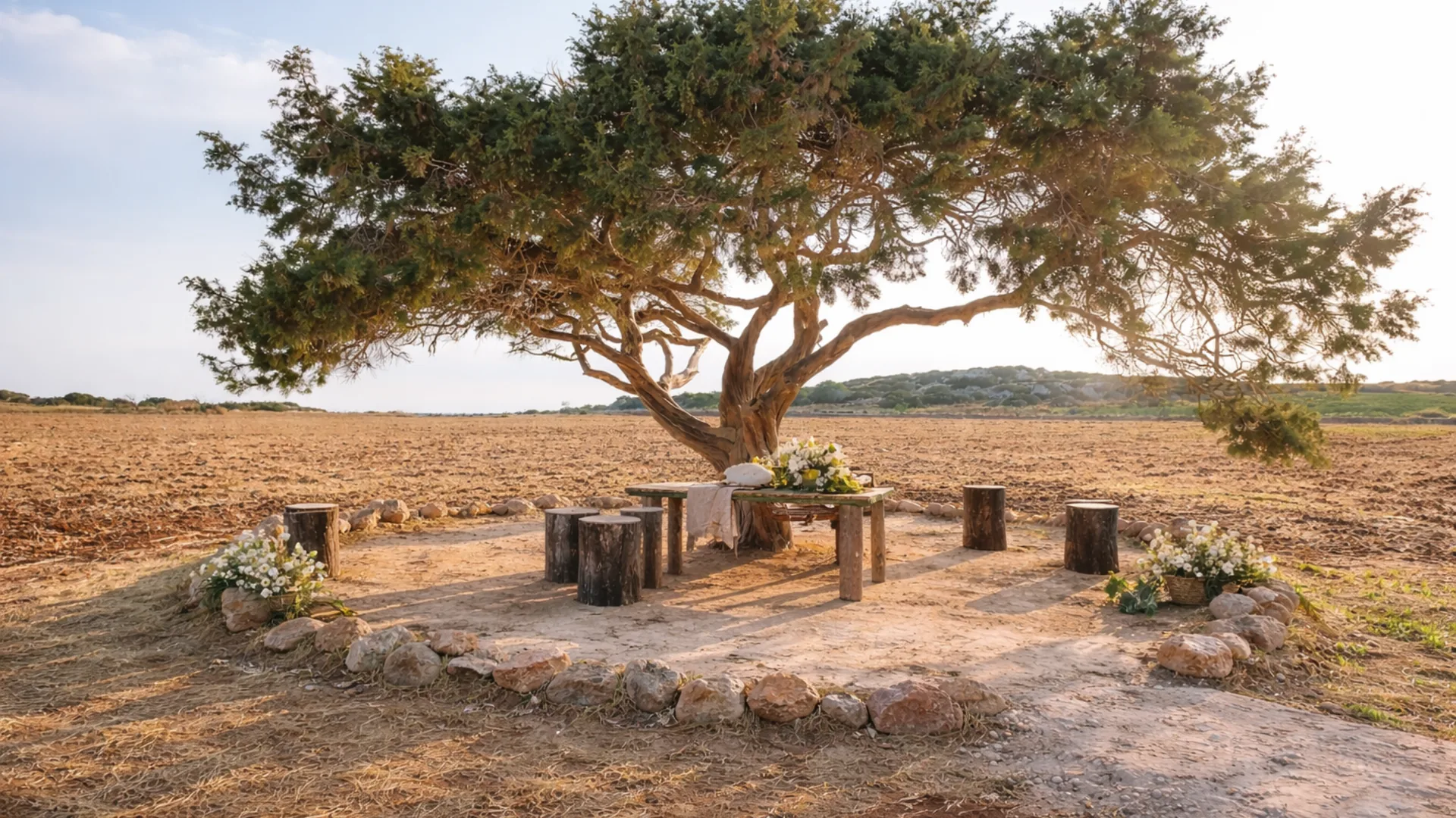 Outdoor wedding ceremony setup beneath the Juniper Tree at Aoratos in Cape Greco, Cyprus, styled with natural elements and rustic elegance.
