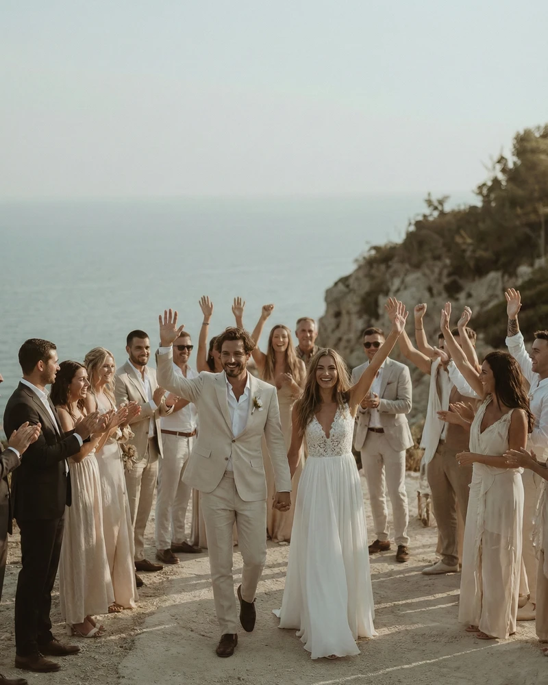 Newlywed couple walking down a clifftop aisle with guests cheering during a destination wedding in Cyprus.