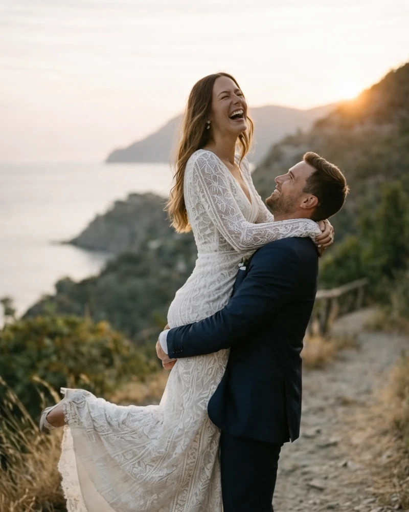Groom lifting bride on a coastal path at sunset during a Mediterranean destination wedding.