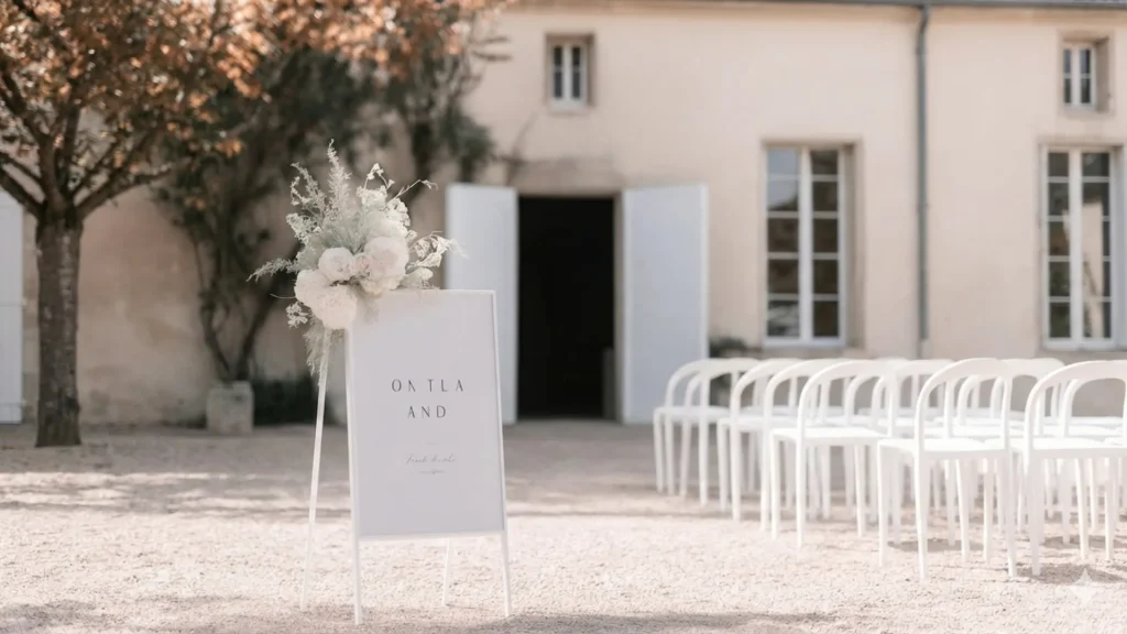 Minimalist outdoor wedding ceremony setup with white chairs and floral sign in an elegant courtyard, photographed by Soomore
