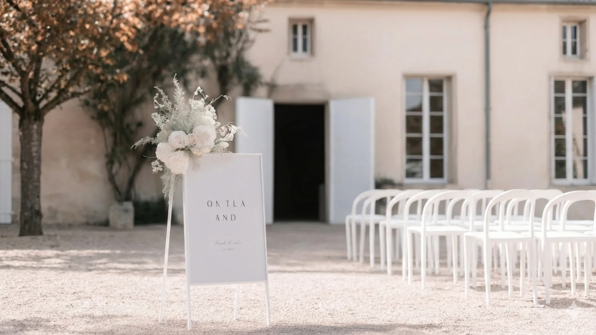 Minimalist outdoor wedding ceremony setup with white chairs and floral sign in an elegant courtyard, photographed by Soomore