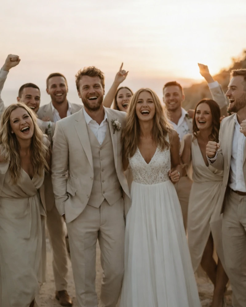 Newlywed couple celebrating with friends at sunset during a destination wedding.