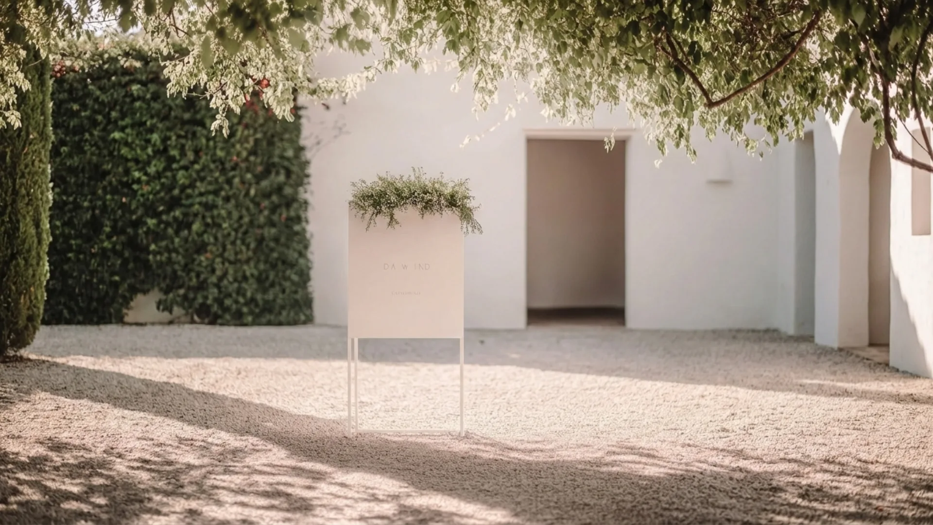 Minimalist wedding welcome sign with soft greenery placed in a Mediterranean courtyard, framed by white architecture, gravel ground, and natural light by Soomore.