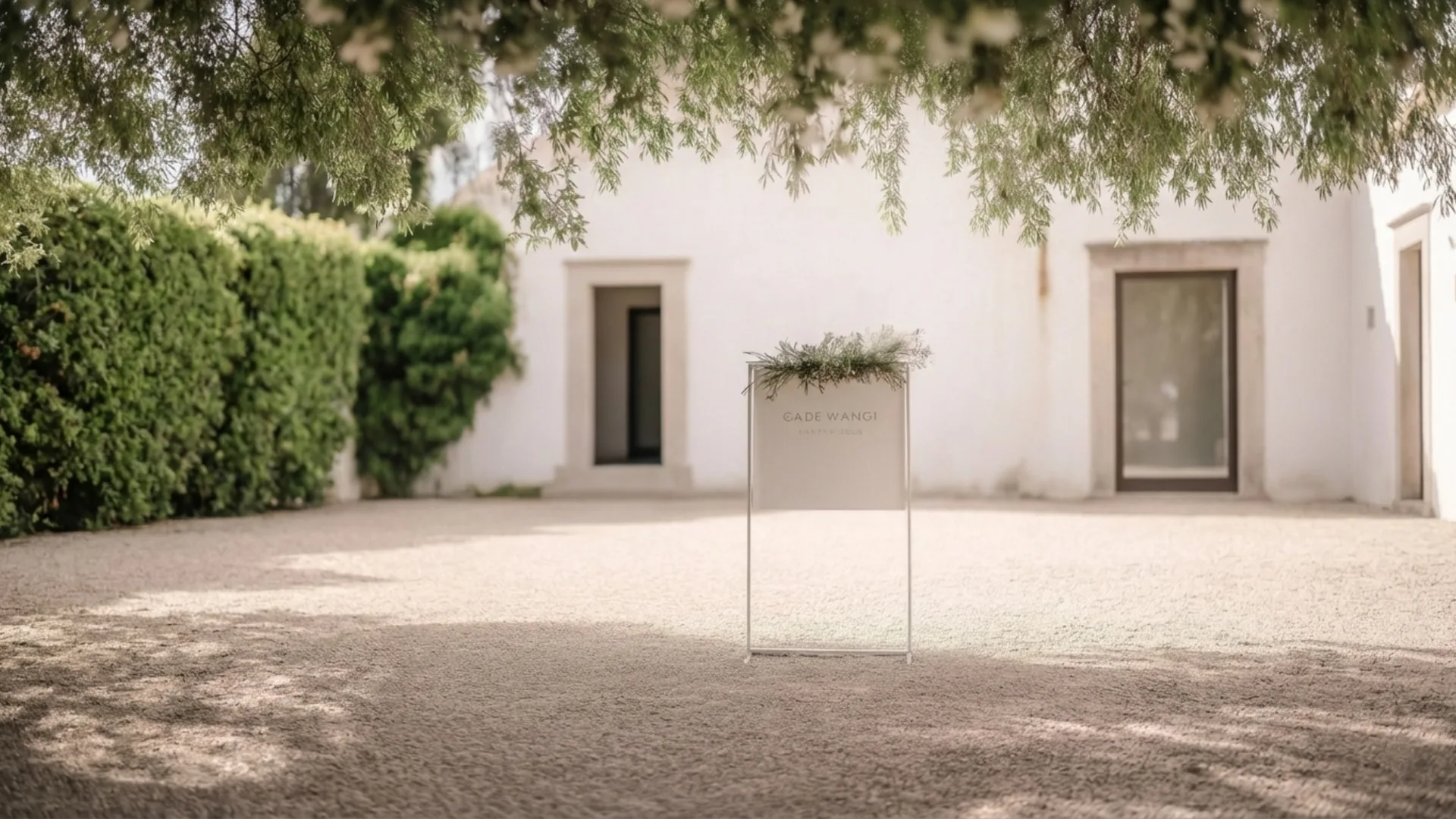 Minimalist wedding welcome sign placed in a sunlit Mediterranean courtyard, framed by white architecture, soft greenery, and natural gravel ground by Soomore.