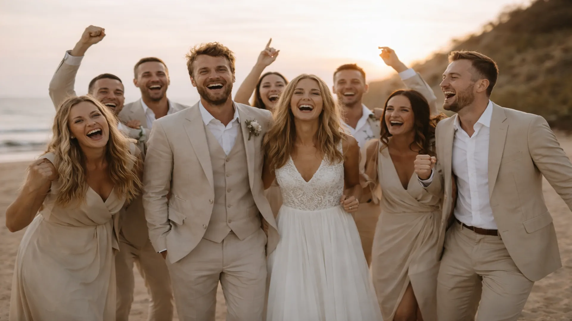 Bride and groom celebrating with their wedding party on a Cyprus beach at sunset, surrounded by friends in neutral tones and golden light.