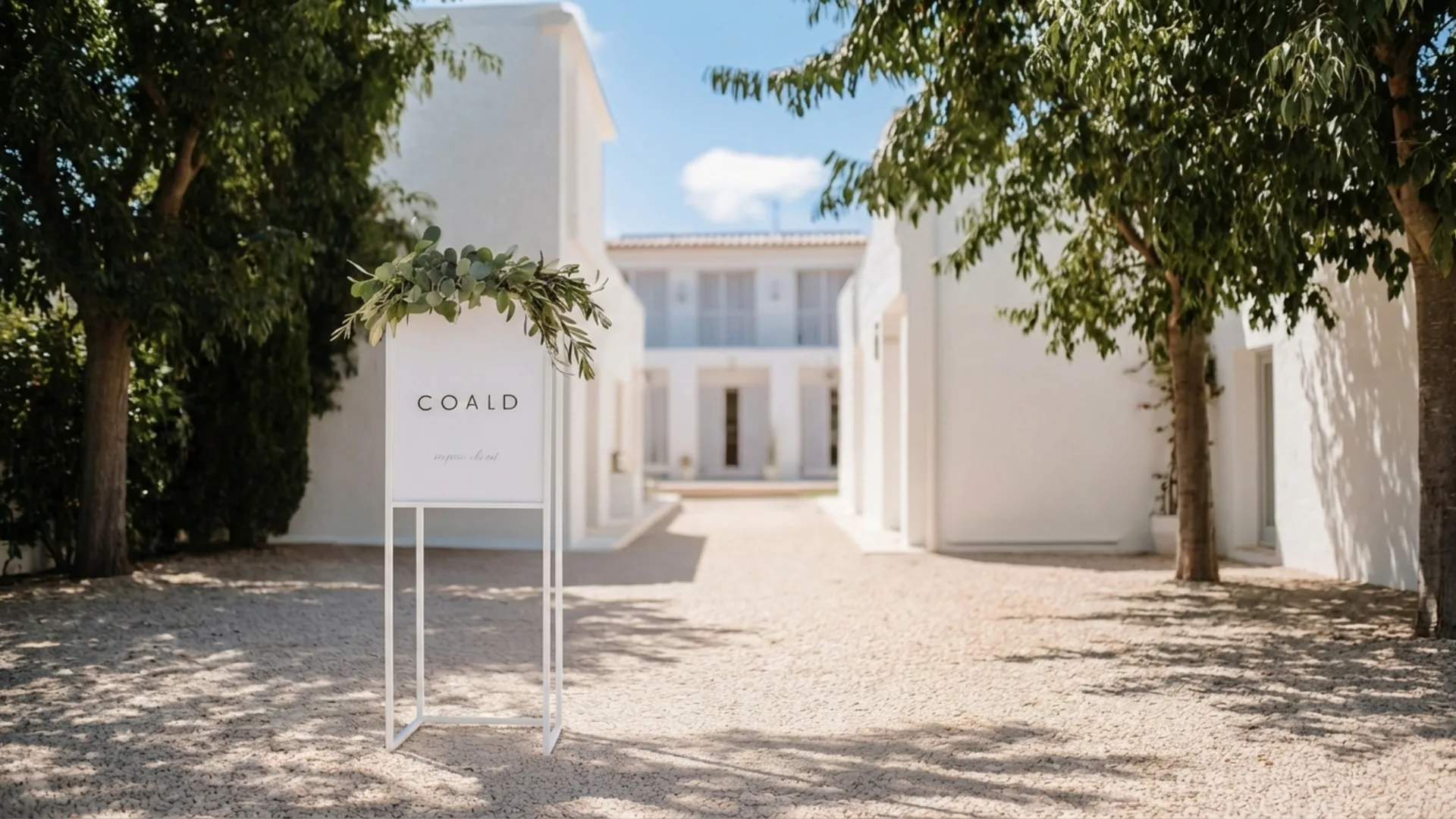 Minimalist wedding welcome sign with soft greenery placed in a Mediterranean villa courtyard, featuring white architecture, gravel pathways, and natural light by Soomore.