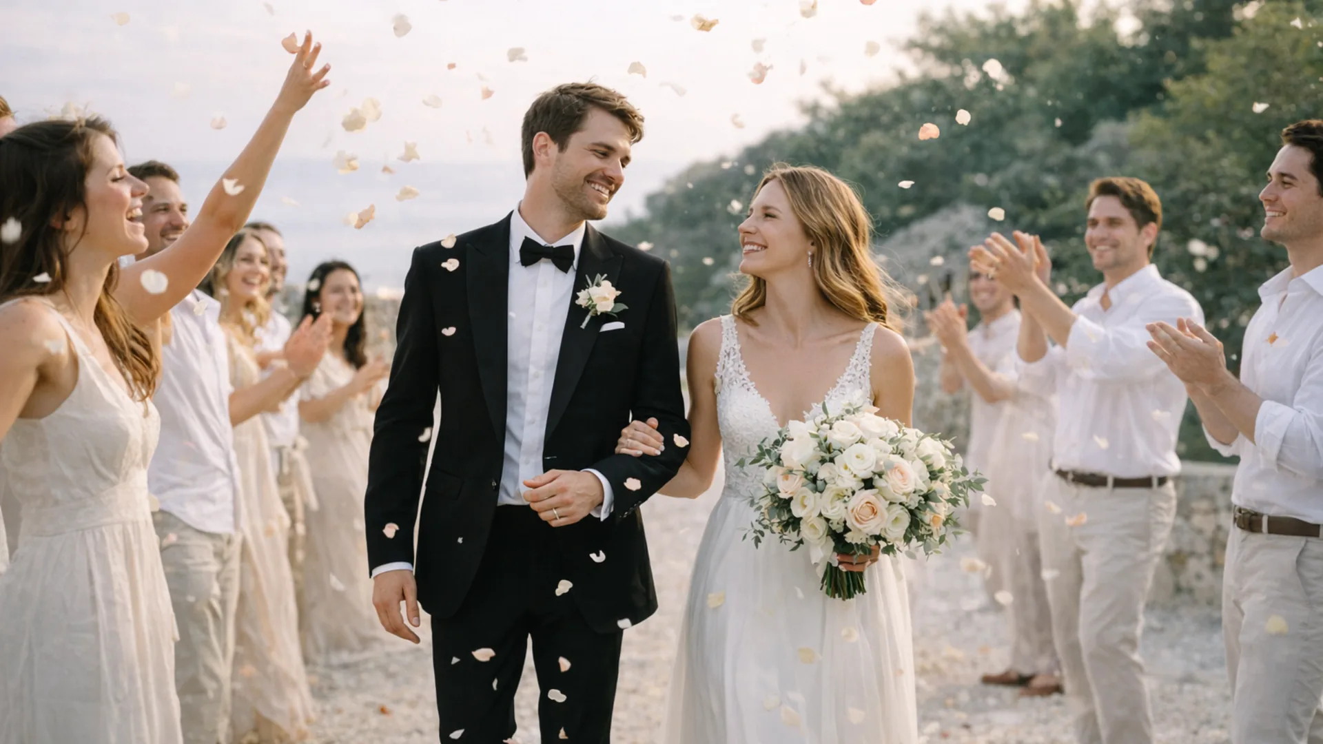Bride and groom walking hand in hand through a petal shower after their Mediterranean wedding ceremony, surrounded by cheering guests.